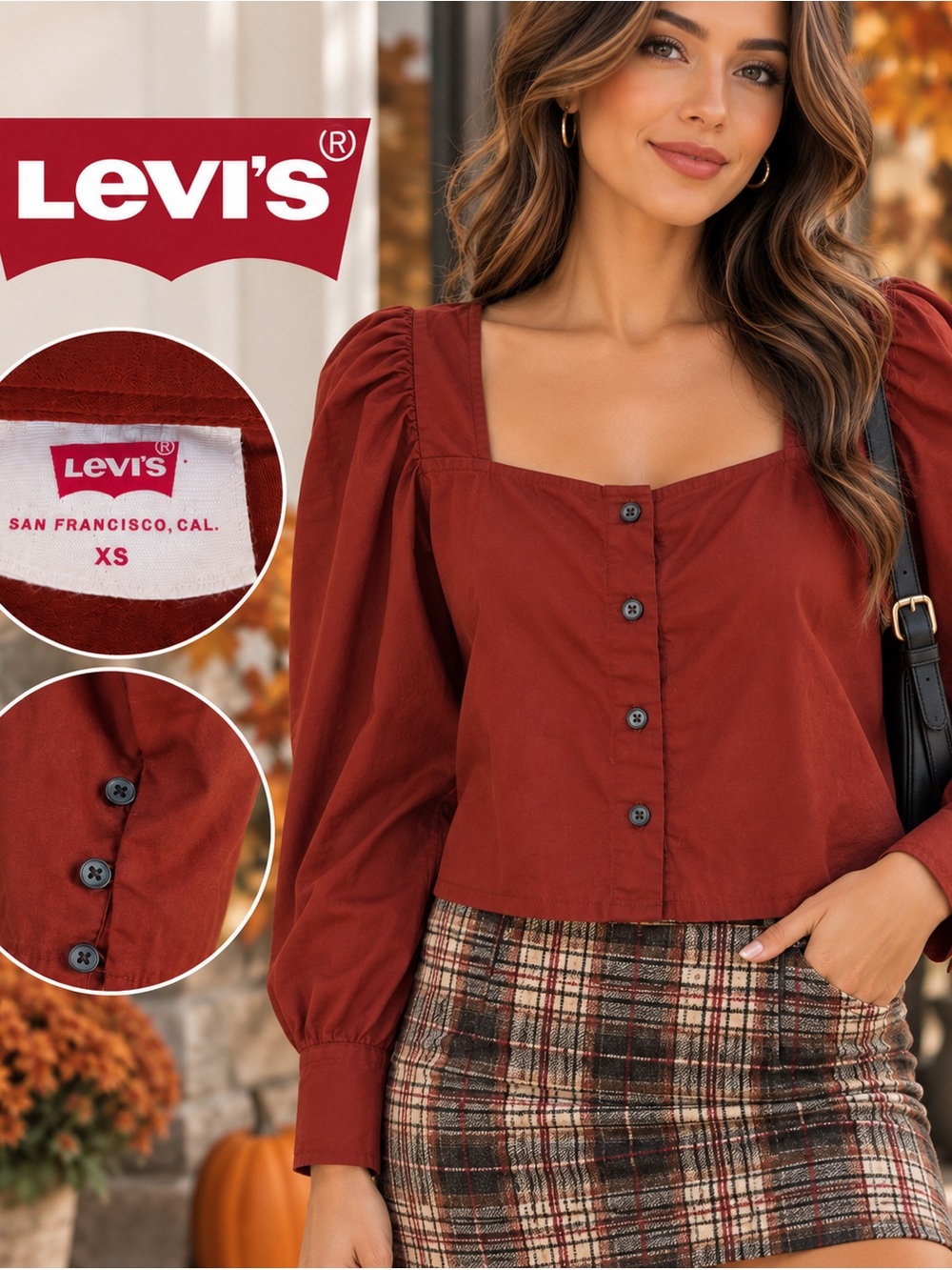 Levi's Rust Button-Front Puff Sleeve Top